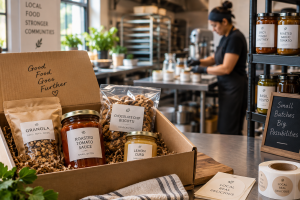 Small-batch food products, including jars, oils, and packaged granola, arranged in a commercial kitchen while a worker prepares food in the background.